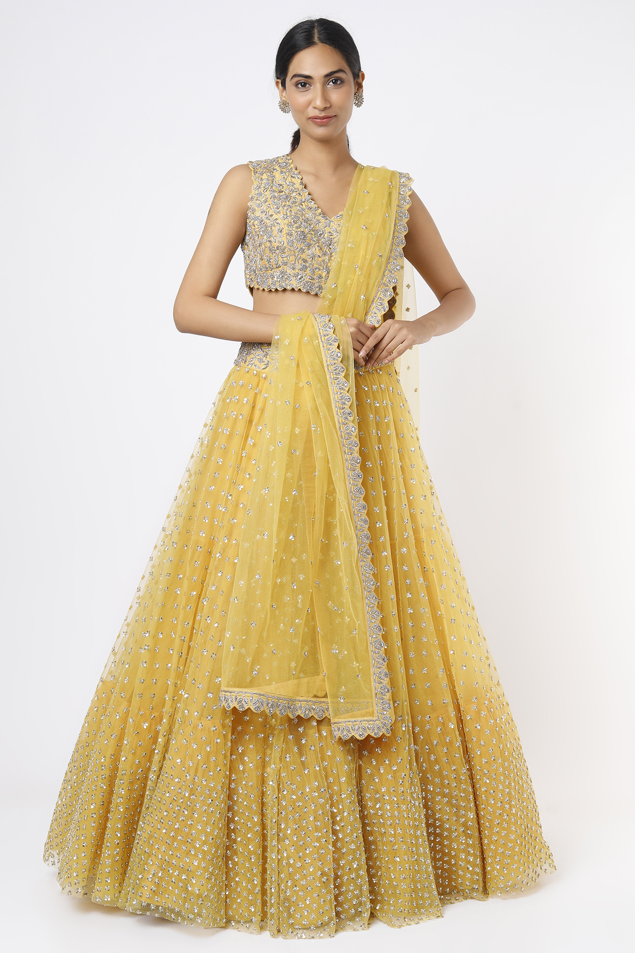 Dandelion Yellow Tulle Tiered Lehenga Set by Mrunalini Rao