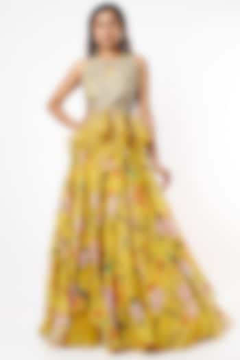 Yellow Printed Draped Skirt Set by Mrunalini Rao