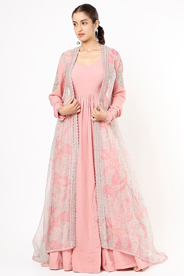 Pink Anarkali With Embroidered Cape by Mrunalini Rao