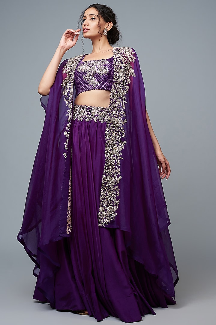 Purple Silk & Organza Embroidered Cape Set by Mrunalini Rao at Pernia's Pop Up Shop