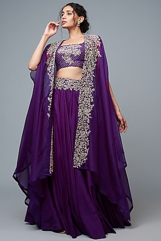 Purple Silk & Organza Embroidered Cape Set by Mrunalini Rao