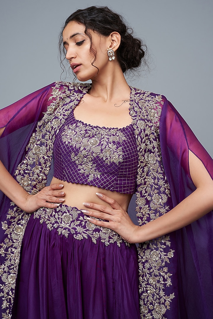 Purple Silk & Organza Embroidered Cape Set by Mrunalini Rao at Pernia's Pop Up Shop