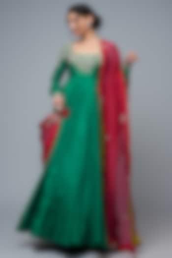 Green Raw Silk zardosi Embroidered Anarkali Set by Mrunalini Rao