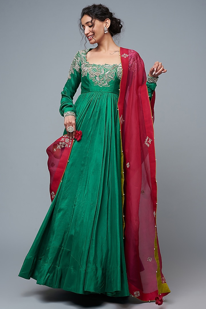 Green Raw Silk zardosi Embroidered Anarkali Set by Mrunalini Rao