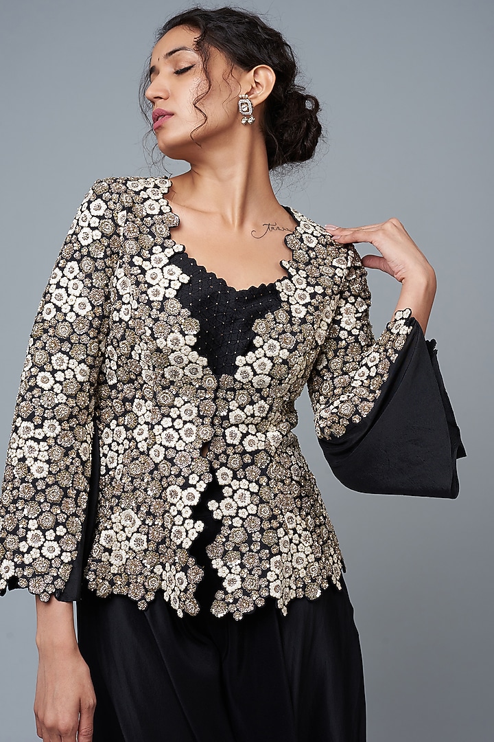 Black Silk Hand Embroidered Jacket Set by Mrunalini Rao at Pernia's Pop Up Shop