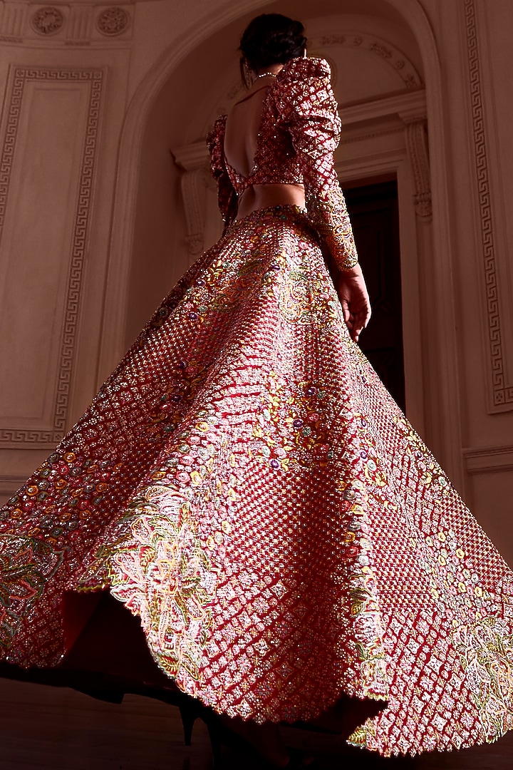 Red & Pink Raw Silk Embroidered Bridal Lehenga Set by Mrunalini Rao at Pernia's Pop Up Shop