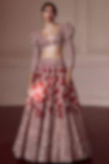 Red Raw Silk & Organza Zardosi Embroidered Bridal Lehenga Set by Mrunalini Rao at Pernia's Pop Up Shop
