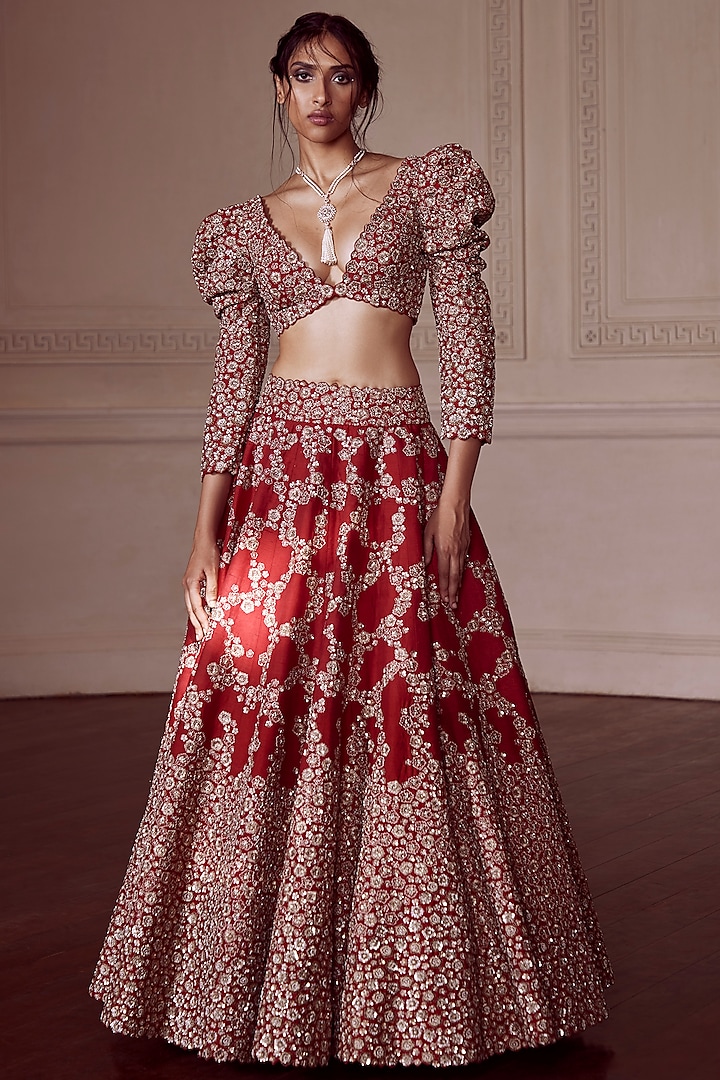 Red Raw Silk & Organza Zardosi Embroidered Bridal Lehenga Set by Mrunalini Rao at Pernia's Pop Up Shop