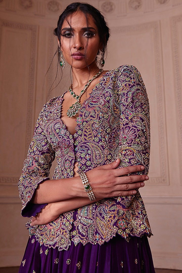 Purple Raw Silk Embroidered Jacket Bridal Lehenga Set by Mrunalini Rao at Pernia's Pop Up Shop