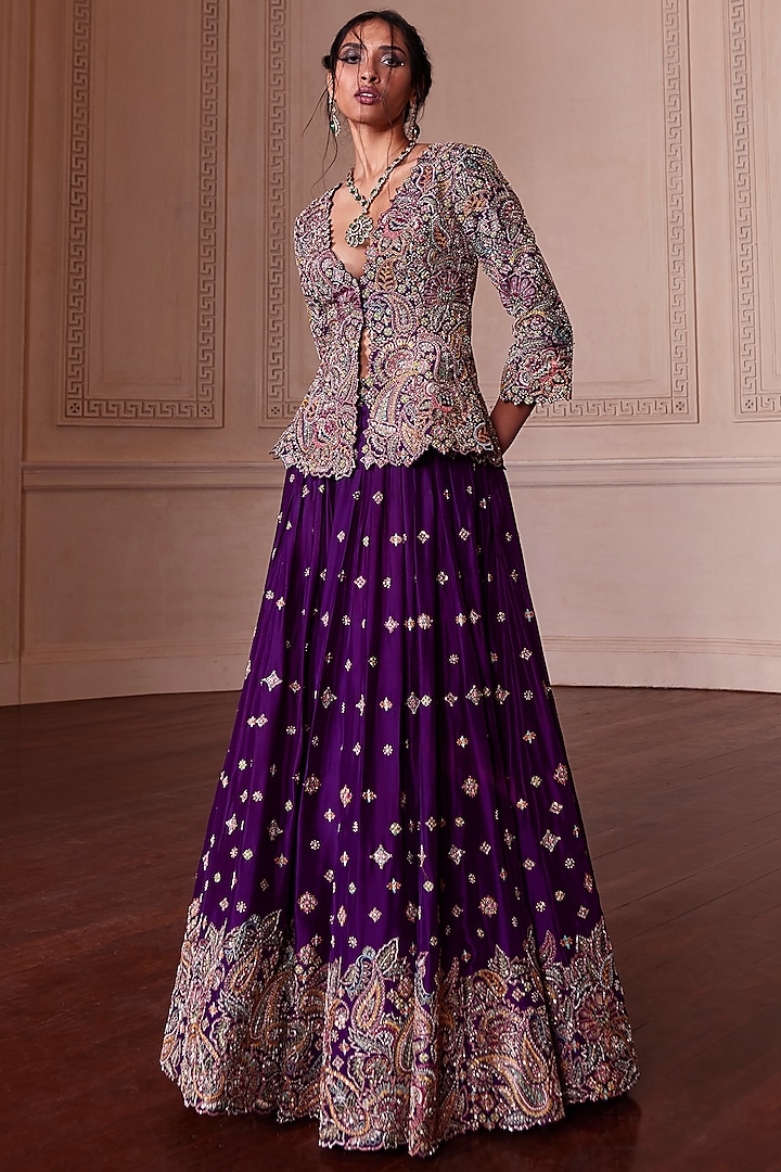 Purple Raw Silk Embroidered Jacket Bridal Lehenga Set by Mrunalini Rao at Pernia's Pop Up Shop