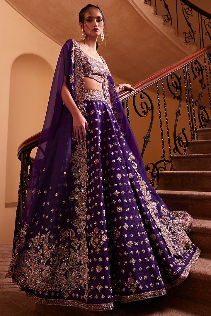 Purple Raw Silk Embroidered Lehenga Set by Mrunalini Rao