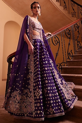 Purple Raw Silk Embroidered Lehenga Set by Mrunalini Rao