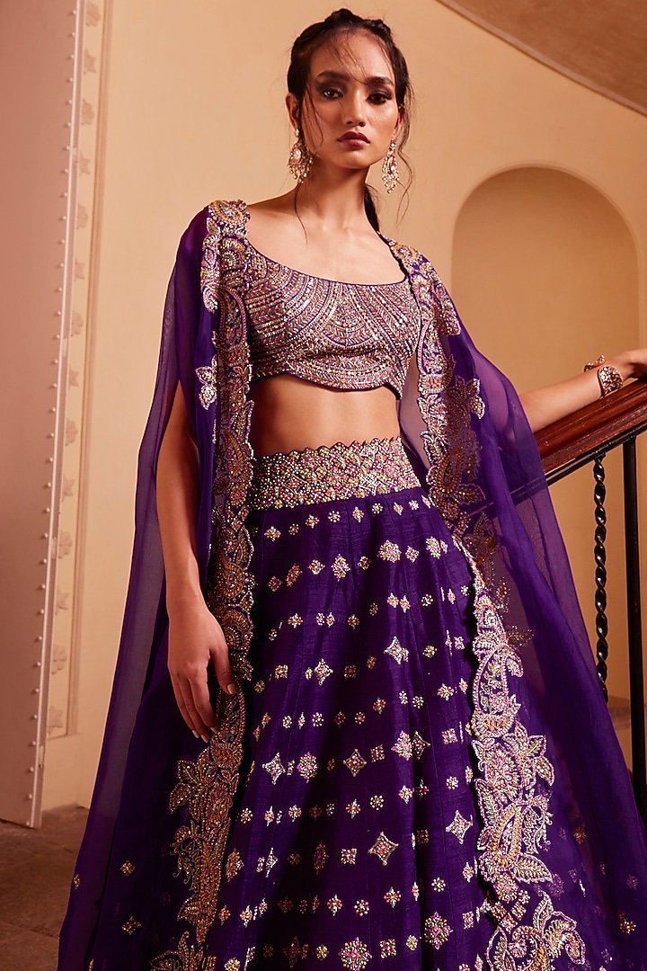 Purple Raw Silk Embroidered Bridal Lehenga Set by Mrunalini Rao at Pernia's Pop Up Shop