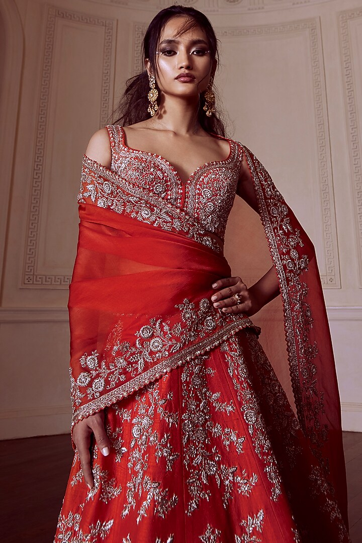 Orange Raw Silk Embroidered Bridal Lehenga Set by Mrunalini Rao at Pernia's Pop Up Shop