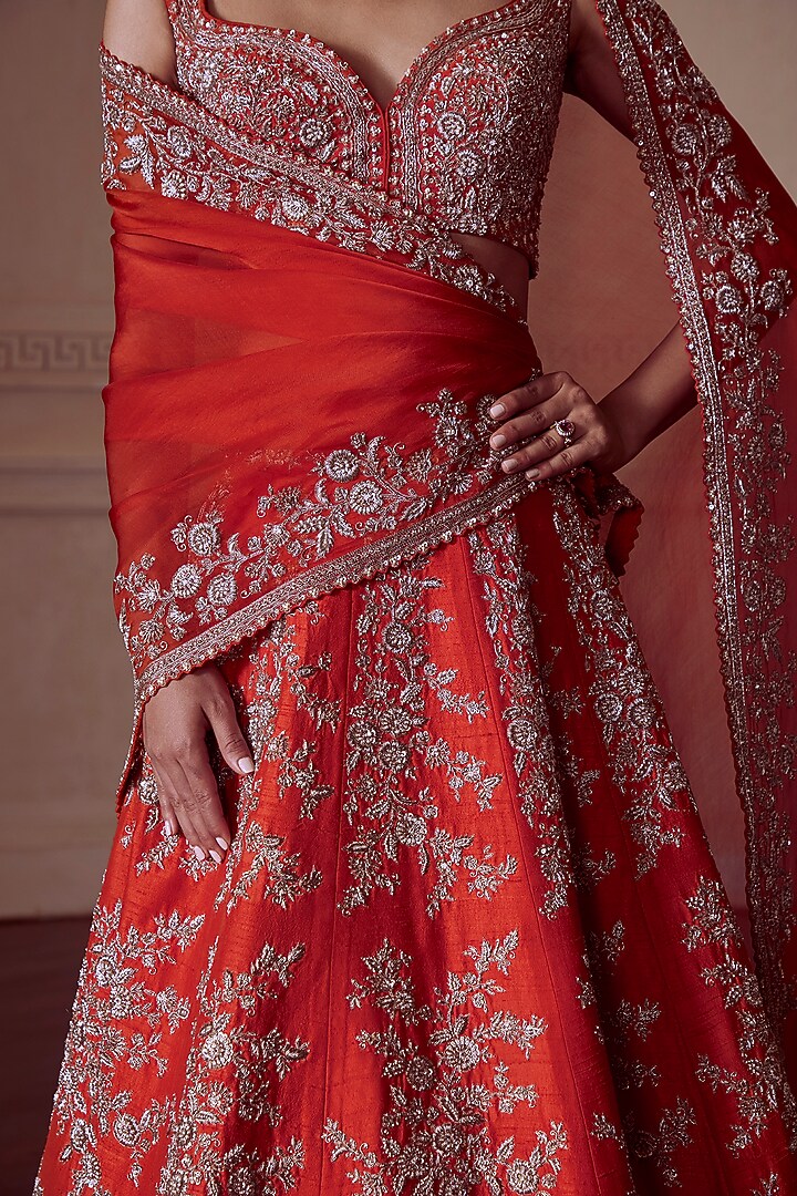 Orange Raw Silk Embroidered Bridal Lehenga Set by Mrunalini Rao at Pernia's Pop Up Shop
