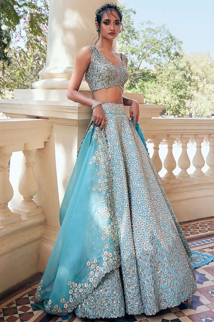 Blue Raw Silk Embroidered Bridal Lehenga Set by Mrunalini Rao at Pernia's Pop Up Shop