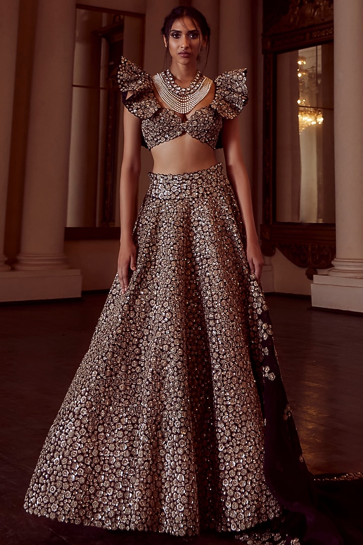 Black Raw Silk Embroidered Bridal Lehenga Set by Mrunalini Rao at Pernia's Pop Up Shop
