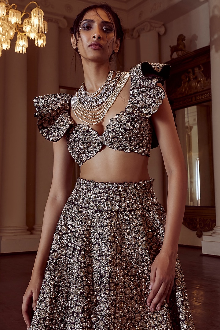Black Raw Silk Embroidered Bridal Lehenga Set by Mrunalini Rao at Pernia's Pop Up Shop