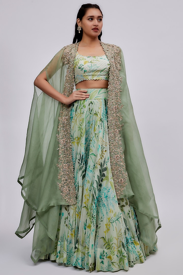 Mint Organza Embroidered Cape Set by Mrunalini Rao at Pernia's Pop Up Shop