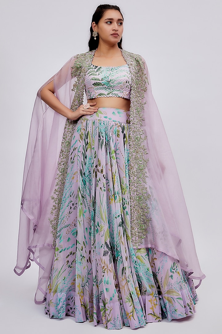 Lilac Organza Embroidered Cape Set by Mrunalini Rao