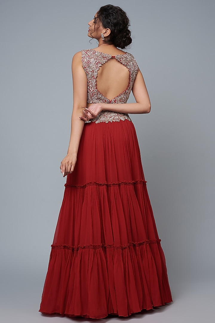 Pink Chiffon Tiered Wedding Lehenga Set by Mrunalini Rao at Pernia's Pop Up Shop