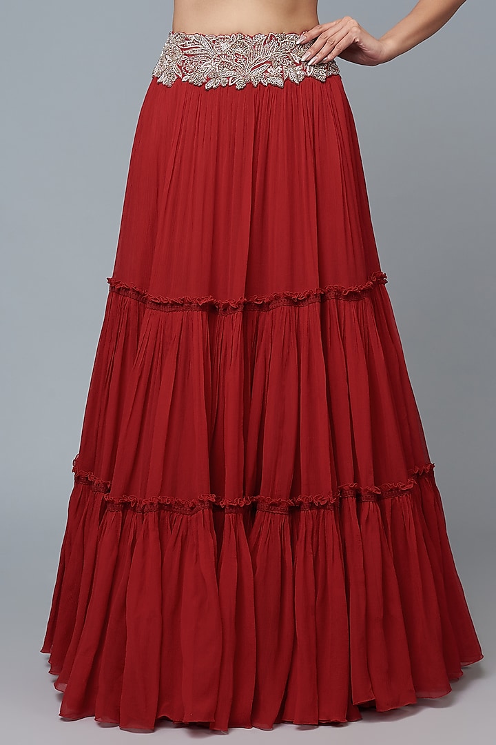 Pink Chiffon Tiered Wedding Lehenga Set by Mrunalini Rao at Pernia's Pop Up Shop