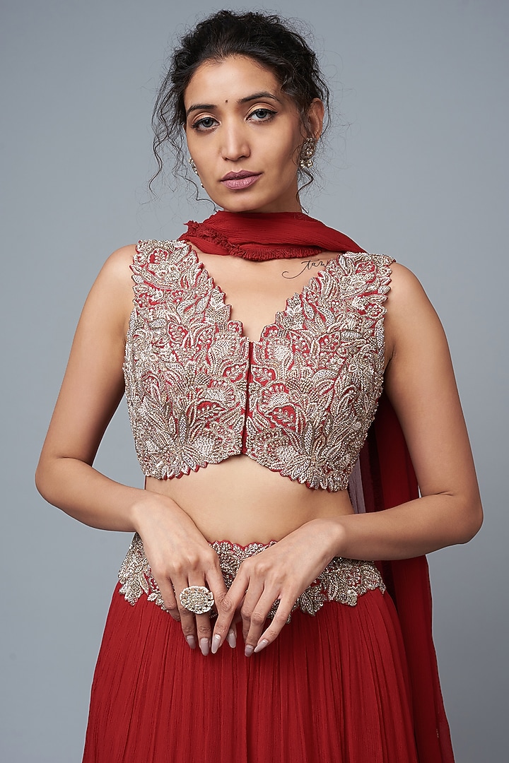 Pink Chiffon Tiered Wedding Lehenga Set by Mrunalini Rao at Pernia's Pop Up Shop