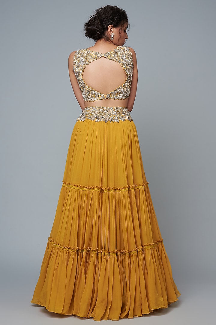 Yellow Chiffon Tiered Wedding Lehenga Set by Mrunalini Rao at Pernia's Pop Up Shop