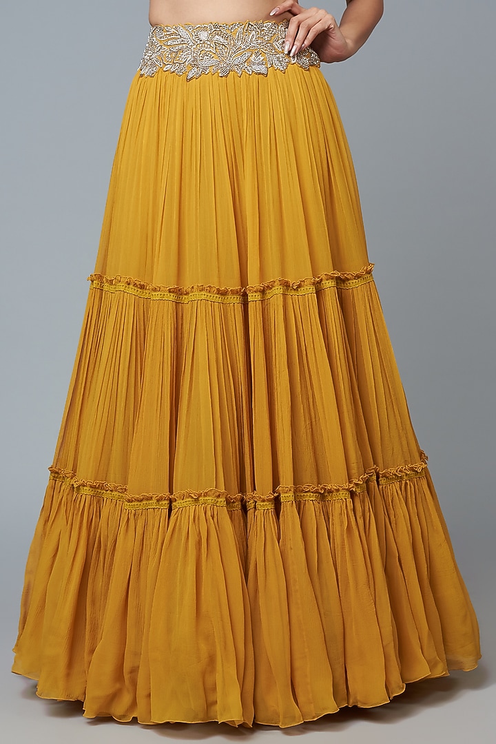 Yellow Chiffon Tiered Wedding Lehenga Set by Mrunalini Rao at Pernia's Pop Up Shop