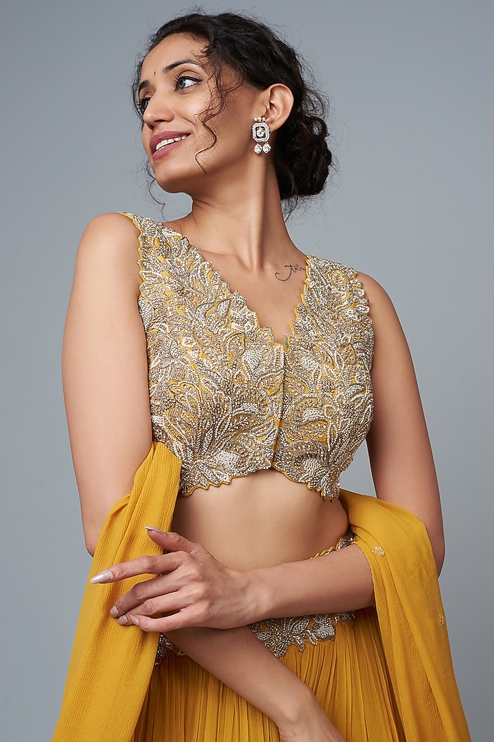 Yellow Chiffon Tiered Wedding Lehenga Set by Mrunalini Rao at Pernia's Pop Up Shop