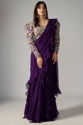 Purple Chiffon Ruffled Lehenga Saree Set by Mrunalini Rao