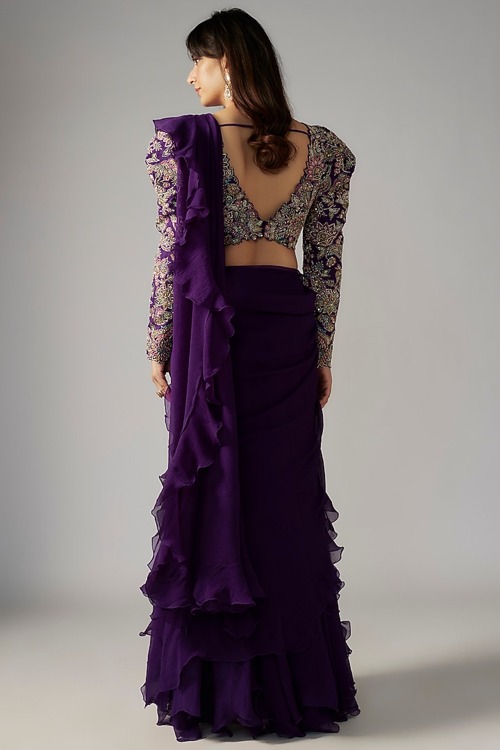 Purple Chiffon Ruffled Reception Lehenga Saree Set by Mrunalini Rao at Pernia's Pop Up Shop
