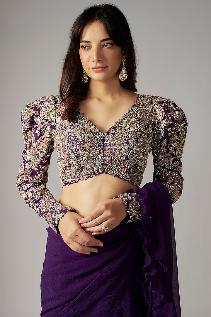 Purple Chiffon Ruffled Reception Lehenga Saree Set by Mrunalini Rao at Pernia's Pop Up Shop