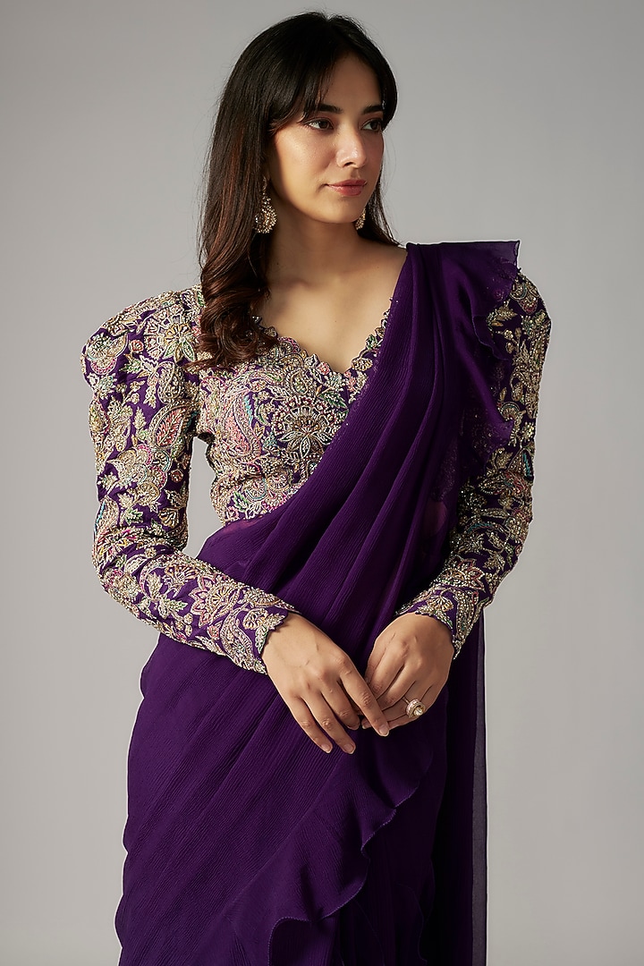 Purple Chiffon Ruffled Reception Lehenga Saree Set by Mrunalini Rao at Pernia's Pop Up Shop