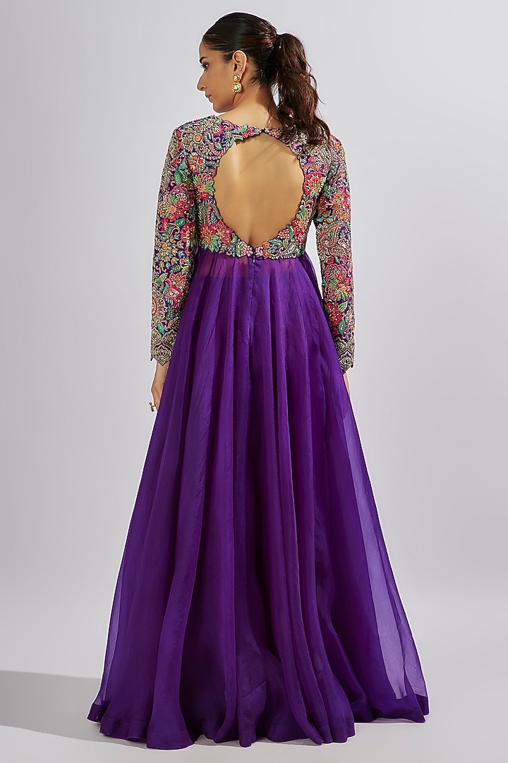 Purple Pure Silk Zardosi Hand Embroidered Bridal Anarkali Set by Mrunalini Rao at Pernia's Pop Up Shop