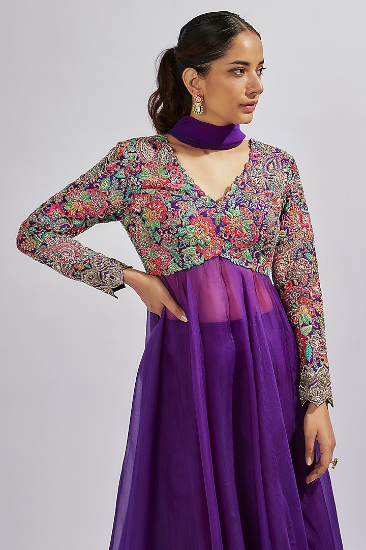 Purple Pure Silk Zardosi Hand Embroidered Bridal Anarkali Set by Mrunalini Rao at Pernia's Pop Up Shop