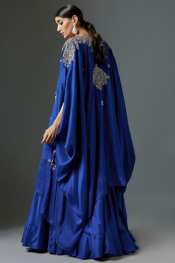 Blue Dupion Silk Zardosi Embroidered Jacket Wedding Lehenga Set by Mrunalini Rao at Pernia's Pop Up Shop