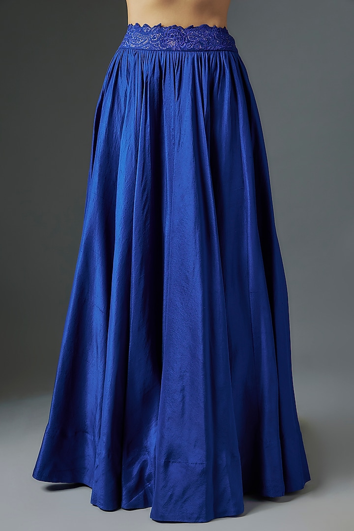 Blue Dupion Silk Zardosi Embroidered Jacket Wedding Lehenga Set by Mrunalini Rao at Pernia's Pop Up Shop