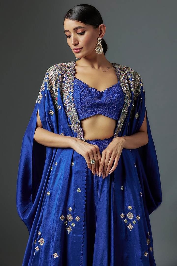Blue Dupion Silk Zardosi Embroidered Jacket Wedding Lehenga Set by Mrunalini Rao at Pernia's Pop Up Shop