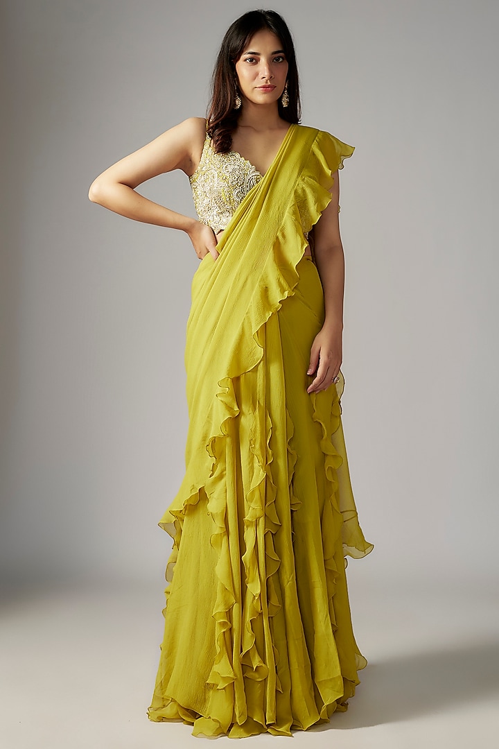 Lime Green Chiffon Ruffled Lehenga Saree Set by Mrunalini Rao