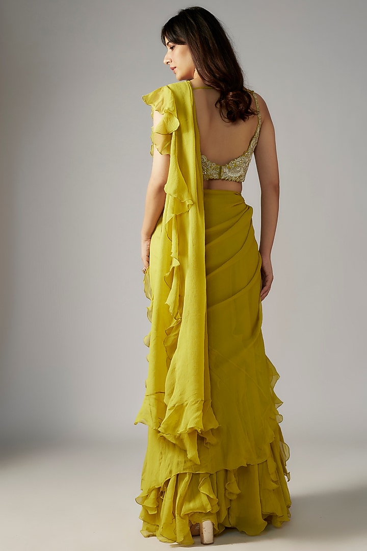 Lime Green Chiffon Ruffled Reception Lehenga Saree Set by Mrunalini Rao at Pernia's Pop Up Shop