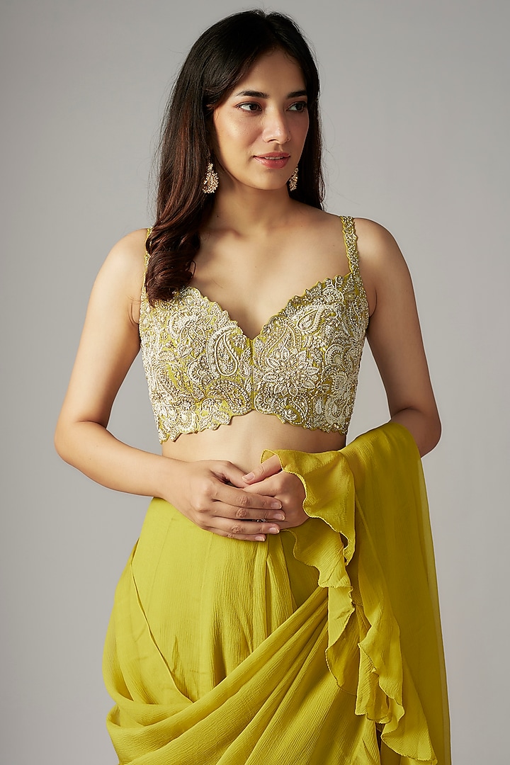 Lime Green Chiffon Ruffled Reception Lehenga Saree Set by Mrunalini Rao at Pernia's Pop Up Shop