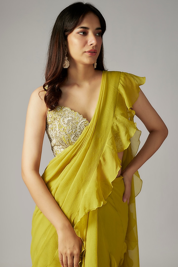 Lime Green Chiffon Ruffled Reception Lehenga Saree Set by Mrunalini Rao at Pernia's Pop Up Shop
