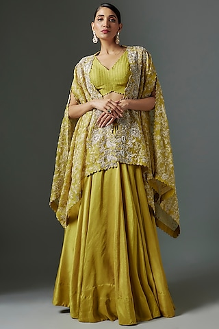 Lime Green Pure Silk Hand Embroidered Jacket Lehenga Set by Mrunalini Rao