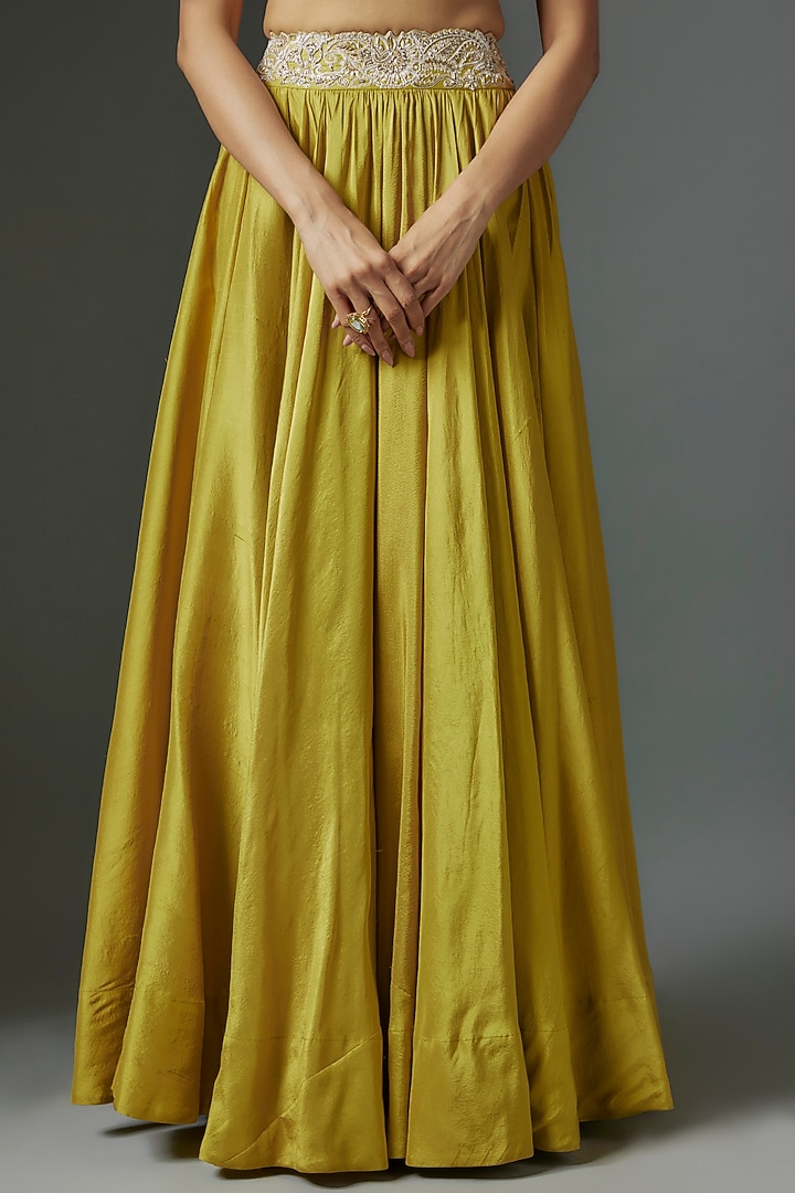 Lime Green Pure Silk Hand Embroidered Jacket Bridal Lehenga Set by Mrunalini Rao at Pernia's Pop Up Shop