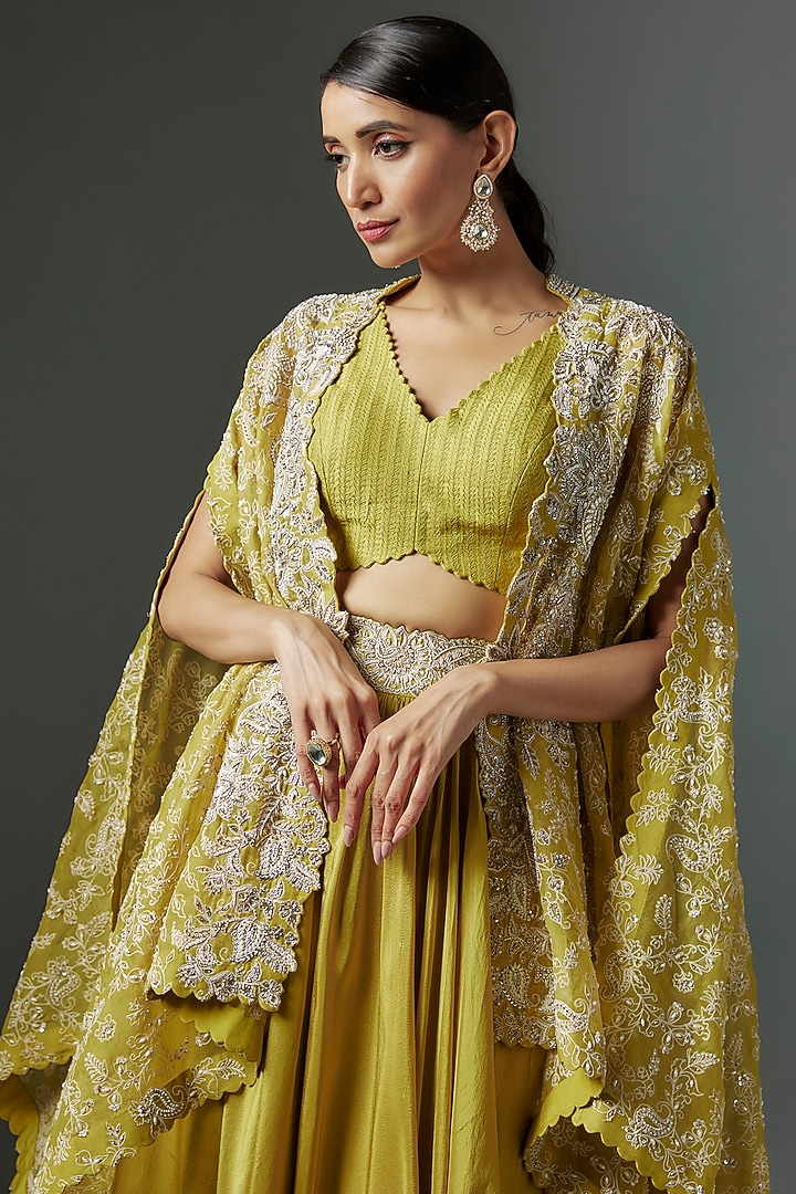 Lime Green Pure Silk Hand Embroidered Jacket Bridal Lehenga Set by Mrunalini Rao at Pernia's Pop Up Shop
