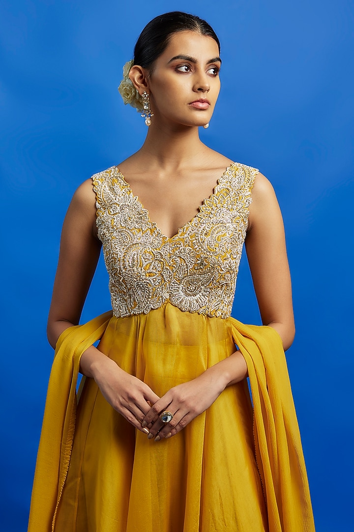 Yellow Organza Zardosi Embroidered Bridal Anarkali Set by Mrunalini Rao at Pernia's Pop Up Shop