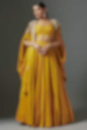 Yellow Dupion Silk Zardosi Embroidered Jacket Wedding Lehenga Set by Mrunalini Rao at Pernia's Pop Up Shop