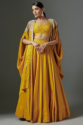 Yellow Dupion Silk Zardosi Embroidered Jacket Lehenga Set by Mrunalini Rao