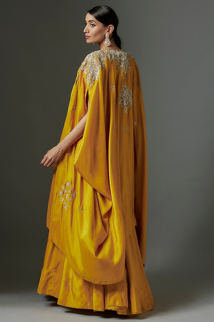 Yellow Dupion Silk Zardosi Embroidered Jacket Wedding Lehenga Set by Mrunalini Rao at Pernia's Pop Up Shop